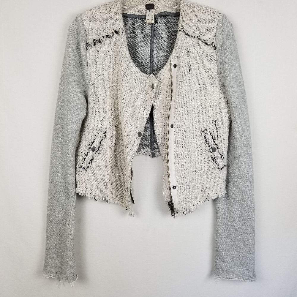 Free People Tattered Tweed Gray Cropped Moto Fleece Sleeve Jacket Size 6